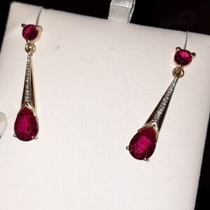 AUTHENTIC GENUINE SOLID 10K YELLOW GOLD RUBY & DIAMOND DANGLE EARRINGS GIFT 🎁